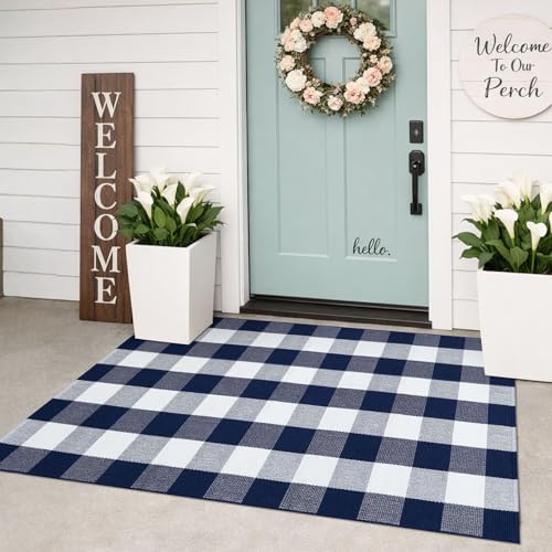 KILOCOCO Buffalo Plaid Checkered Rug 3x5 ft Blue and White Front Door Rug by Kilococo