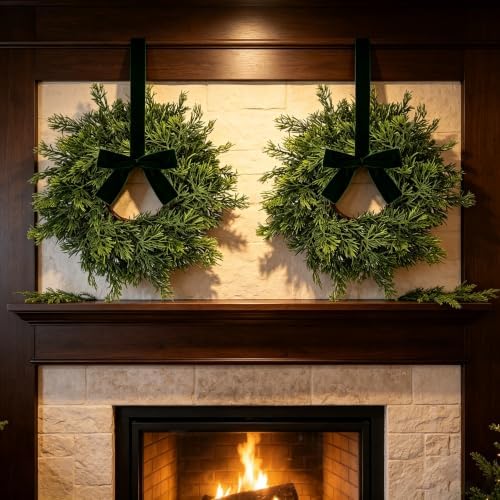 12 PCS Mini Real Touch Christmas Wreaths for Kitchen Cabinets Artificial Norfolk Lifelike Cedar Wreaths with Bow for Christmas Window Door Fireplace Chairs Wall Staircase Indoor Outdoor Home Decor - Image 2