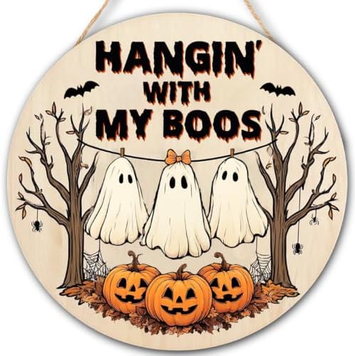 Halloween Decorations Wooden Sign for Home, Hangin' with My Boos Ghost Sign by FDLLAUS