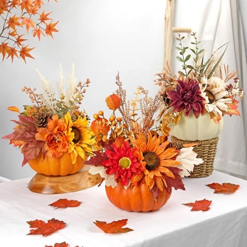 Artificial Pumpkin Fall Décor - Autumn Table Centerpieces with Red Faux Flowers, Maple Leaves, Sunflowers, Pumpkin – Halloween, Thanksgiving & Harvest Home Decoration - Image 5