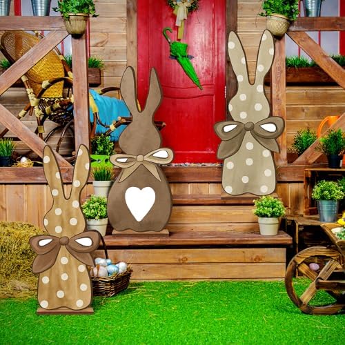 Vercraft 3 Pcs Outdoor Easter Decorations for Porch Large Wooden Easter Bunny Porch Sign Rustic Polka Dot Bunny with Bow Spring Party Decor for Front Door Yard Garden, 23.6 Inch - Image 5