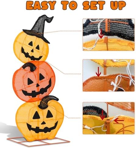 Halloween Lighted Stacked Pumpkins Decoration, Pre-Lit with 50 Warm White Lights Jack-O-Lantern Pumpkins Lights, Halloween Light Up Pumpkin for Indoor, Outdoor, Porch, Yard, 39’’ H - Image 4