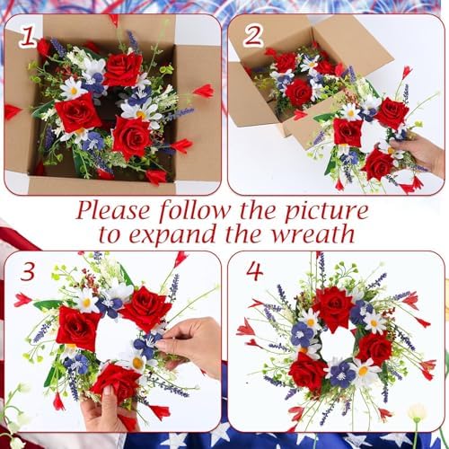 4 Pcs Patriotic Red White Blue Candle Rings, 3 Inch Pillars Candle Wreaths for Veterans Day, 4th of July, Independence Day, American Floral Rings for Table, Window, Door Decor - Image 4