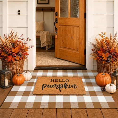 Fall Decor Doormat Combo Set, 100% Coco Coir Welcome Mat + 3' x 5' Coffee and White Plaid Rug - Fall Thanksgiving Front Porch Entryway Decor Floor Mat, Indoor Outdoors Autumn Mats Hello Pumpkin by Homydecor