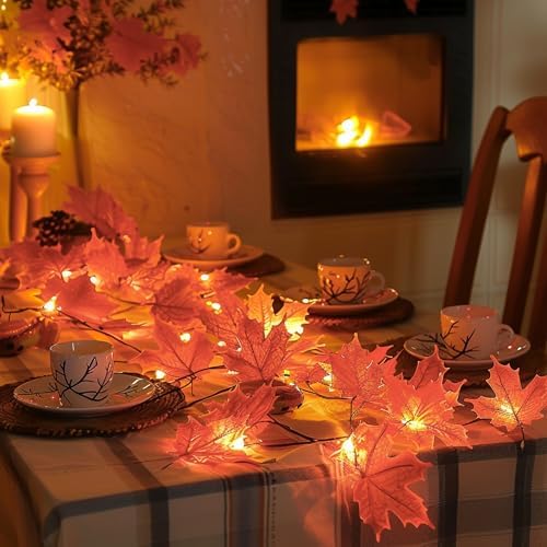 Dazzle Bright 4 Pack Thanksgiving Maple Leaf String Lights, Total 40FT 80 LED Battery Operated Lighted Fall Leaves Garland, Thanksgiving Decorations for Indoor Outdoor Autumn Harvest Decor - Image 4