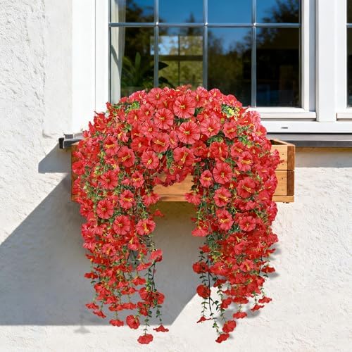 Artificial Hanging Flowers for Outdoors, 2 PCS 300 Blooms UV Resistant Morning Glory Faux Silk Vines, No-Odor Realistic Fake Plants for Garden Planter Porch Patio Decoration, Red - Image 6