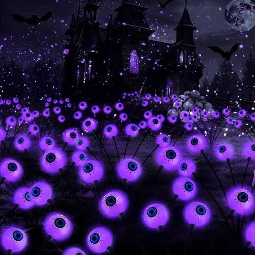 Halloween Outdoor Decorations, 2 Pack 16 LED Eyeball Solar Garden Lights, 8 Modes Scary Halloween Lights Waterproof for Yard Garden Lawn Pathway Party Decorations (Purple) by colcutee