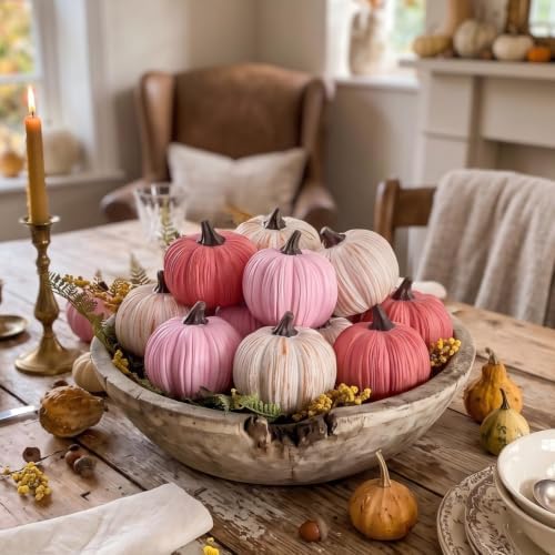 Geelin 12 Pcs Pink Rustic Fall Pumpkin Decor Resin Pumpkins for Thanksgiving Decorations Farmhouse Decorative Pumpkins 2.36" for Fall Home Decor Autumn Tabletop Centerpiece Harvest Wedding - Image 5