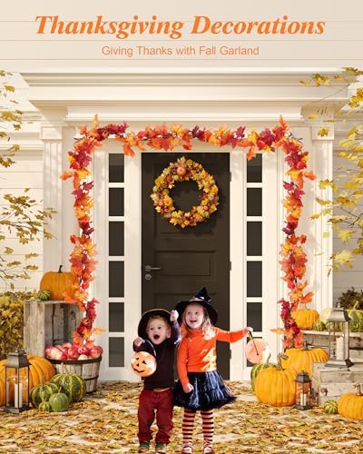 VCOKEN 11FT Fall Garland With Lights - 50 Bulbs Connectable Maple Leaves With Pumpkin, Plug-in Decor for Outdoor Indoor Halloween Thanksgiving Holidays - Image 2