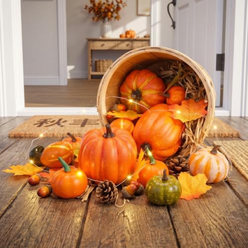 RattanView Fall Front Porch Decor Set Wooden Harvest Basket 9 x 6.7 in 3 Artificial Pumpkin 100 Fake Fillers LED Light Fall Decorations for Home Autumn Porch Decor for Thanksgiving Outdoor Farmhouse - Image 6