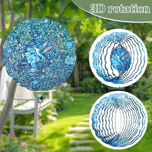 10 Inch 3D Hummingbird Wind Spinner with Crystal Pendant, Teal Floral Metal Mandala Hanging Spinner, Kinetic Wind Sculpture for Outdoor Yard, Garden, Patio, Balcony Decor - Image 4