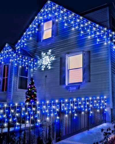 106 FT Christmas Lights Outdoor, 972 LED Waterproof Outside Christmas Lights Plug in, Connectable 8 Modes Hanging Fairy Lights with 216 Drops for House Eaves Yard Patio Blue and White - Image 2