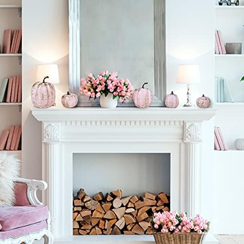 Winlyn 7 Pcs Assorted Artificial Gold Brushed Pink Pumpkins Rustic Decorative Foam Pumpkins for Fall Halloween Harvest Wedding Baby Shower Tabletop Centerpiece Mantel Kitchen Decoration - Image 5