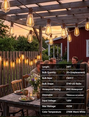 20FT ST40 LED Outdoor String Lights, Vintage Edison Patio Lights with 22 Shatterproof Bulbs, Waterproof Hanging Outdoor Lights for Backyard Porch Deck Bistro Garden, Warm White 2700K, Brown Wire - Image 4