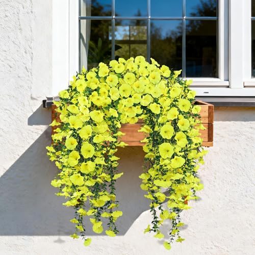 Artificial Hanging Flowers for Outdoors, 4 PCS 600 Blooms UV Resistant Morning Glory Faux Silk Vines, No-Odor Realistic Fake Plants for Garden Planter Porch Patio Decoration, Yellow - Image 6