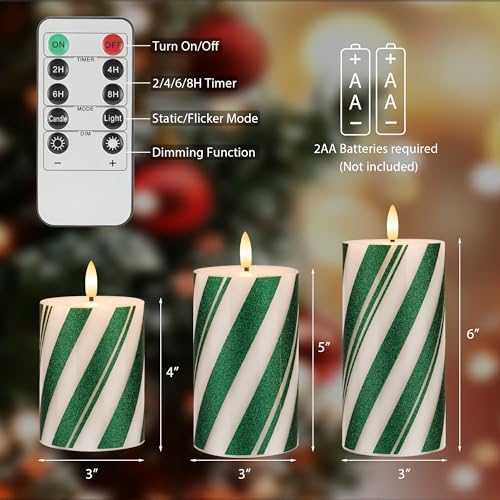 Candy Cane Stripe Flameless Candles with Remote, Wax Green Pillar Candles - Image 2