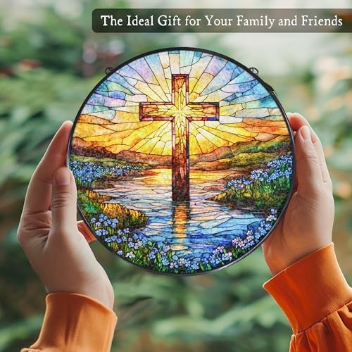 Cross Forget Me Not Stained Glass Window Hanging Suncatcher, Christian Flower Sunset Sun Catcher Indoor Window Decor Gifts, Religious Painted Glass Round Wall Hanging Decorations 7.8x7.8 in - Image 5