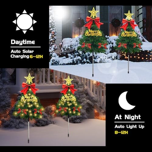 Christmas Tree Solar Pathway Lights Outdoor Decor, 4 Pack, Green - Image 4