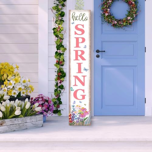 Hello Spring Porch Sign Watercolor Flowers Front Door Hanging Decorations Indoor Outdoor Wooden Vertical Standing Welcome Sign For Home Yard Farmhouse Holiday Decor 47 x 7.8 inch by Xeubiou