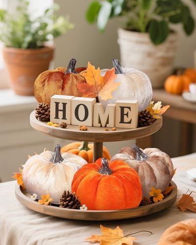 Coferset 4pcs Velvet Pumpkins Decor Set, Artificial Fall Pumpkin Decor for Halloween Thanksgiving Harvest Table Centerpieces(Orange Gold Coffee Beige) - Image 4