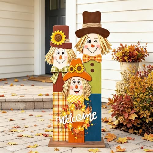 3 PCS Fall Scarecrow Welcome Sign with LED Lights,36" Wooden Thanksgiving Porch Vertical Sign,Rustic Autumn Outdoor Decor for Front Door,Patio,Garden - Image 5