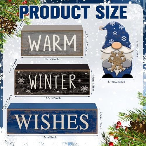 Lineshading 4 Pcs Winter Gnome Wooden Sign Blue Tiered Tray Decor Farmhouse - Image 3