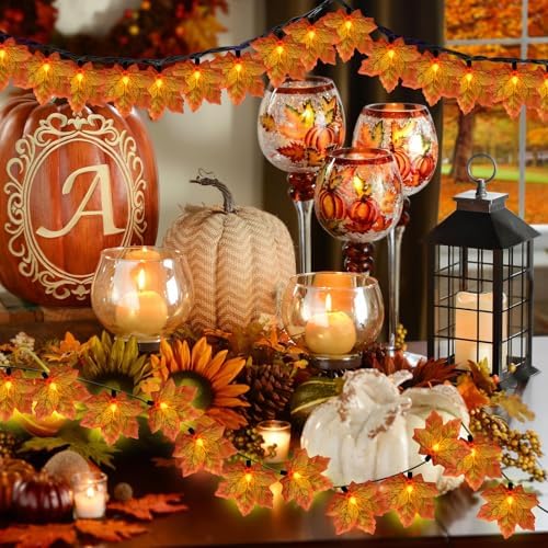 GOOTHY Fall Decor Orange Maple Leaf String Lights Plug in, 13.6Ft LED Outdoor Thanksgiving Decorations Lights with 35 Maple Leaves Light, Hanging Halloween Leaves Light for Outdoor Fall Party Window - Image 3