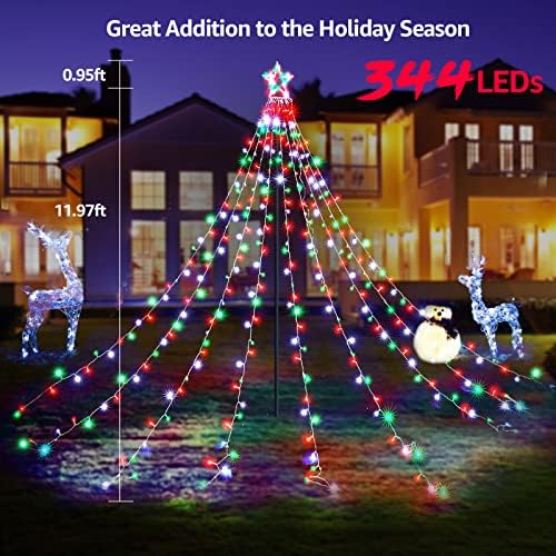 BlcTec Outdoor Christmas Lights 344 LED Christmas Star Lights with 9 Strands 11.9ft Waterfall Tree Lights, 8 Modes, Waterproof & Timer for Garden Yard Patio Outdoor Xmas Decorations，Red Green White - Image 5