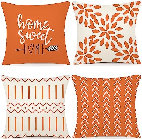 YCOLL Fall Pillow Covers 22x22 Set of 4, Modern Sofa Throw Pillow Cover for Fall Decor, Decorative Outdoor Linen Fabric Pillow Case for Couch Bed Car, Orange by PillowCoversExpert
