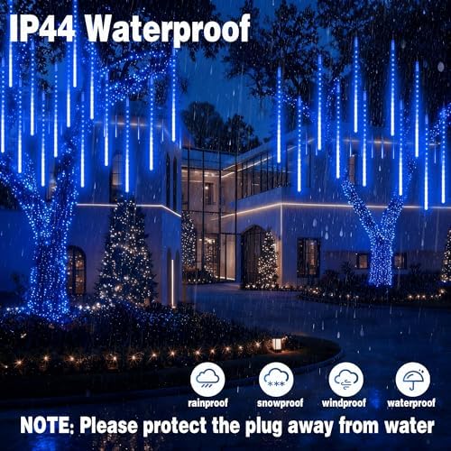 EEIEER Meteor Shower Lights, 11.8 inches 10 Tubes 240 LED Christmas Meteor Lights Snowfall Light for Outdoor Decoration, Waterproof Falling Rain Drop Light for Garden Tree Party Holiday-Blue - Image 3