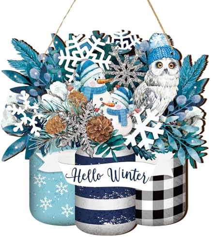 Spiareal Winter Welcome Sign Wood Blue White Hello Winter Front Door Decor by Spiareal