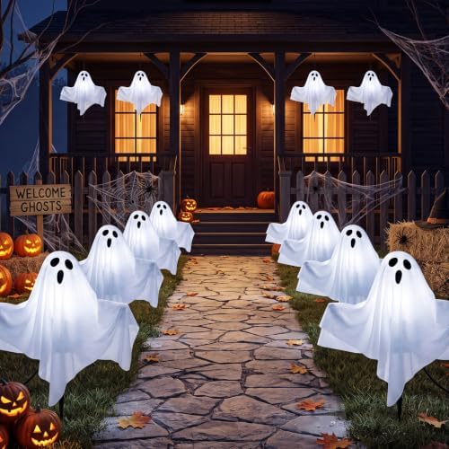 Halloween Ghost Pathway Lights 11.5FT, 4 White Glowing Ghost Garden Stakes by Kivonfa