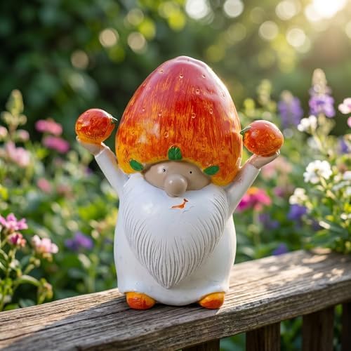 Garden Gnomes Strawberry Hat Resin Figurine Hand Painted Farmhouse Tabletop Decor White Bearded Tomte Dwarf Sculpture for Summer Harvest Shelf Desk Home Display - Image 4