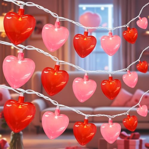 20 LED Pink Red Heart String Lights, 12Ft Valentine's Day Decorations Lights Outdoor Waterproof with 20 LED Red and Pink Heart Light for Home Fireplace Door Windows Fence Party Valentines Day Decor by PASUTO