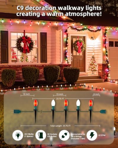 Christmas Pathway Lights Outdoor,25.7 Ft Lights with 20 Red and White Bulbs - Image 3