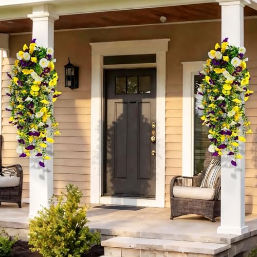 6 Pcs Artificial Hanging Flowers 30 Inch Mixed Color Yellow Purple White Morning Glory Vines UV Resistant Fake Hanging Plants Silk Hanging Flowers for Outdoor Garden Porch Patio Window Decor - Image 4