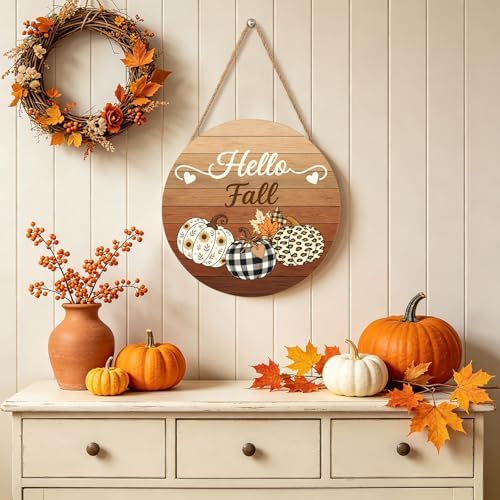 Harooni Hello Fall Pumpkin Sign Door Sign 12"x12" Autumn Thanksgiving Welcome Door Decorations Hanging Sign Farmhouse Plaid Pumpkin Round Wooden Sign for Home Front Door Wall Porch Yard Garden - Image 6