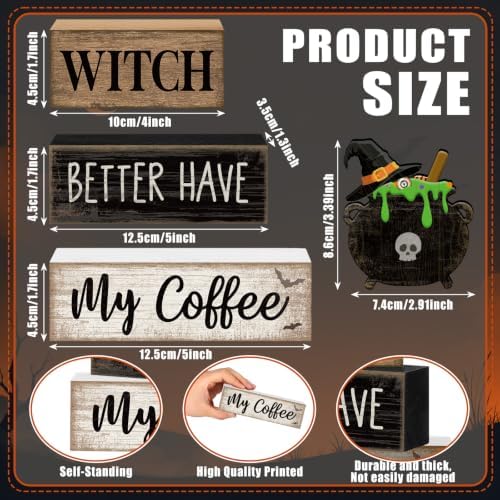 Lineshading 4 Pcs Halloween Coffee Table Decor Witch Cauldron Wooden Signs - Image 3