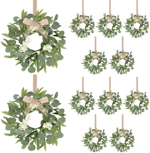 12 Pcs Green Artificial Eucalyptus Swag Wreaths Spring Summer Wreath with White Berries Mini Green Kitchen Cabinet Wreaths with Ribbon for Front Door Porch Wall Window Farmhouse Decoration by Unknown