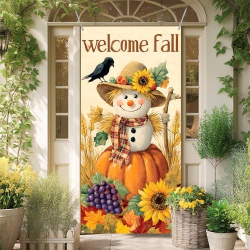 Welcome Fall Door Cover 35.4x70.8in, Autumn Harvest Scarecrow Pumpkin Sunflower Front Porch Banner, Rustic Thanksgiving Halloween Backdrop for Indoor Outdoor Home Yard Wall Decorations - Image 7