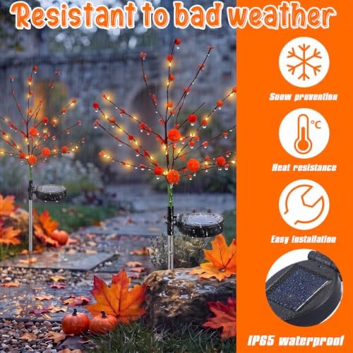 Copkim 2 Pcs Fall Pumpkin Solar Lights Waterproof Stake Lights Decorative Garden Firefly Outdoor Light for Lawn Trails Landscaped Yards Pathway Porches and Patio Decorations - Image 5