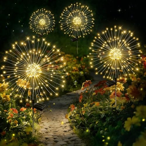 Solar Garden Lights Outdoor Decor Waterproof, 4Pack 120LED Firework Lights for Garden Decorative, Fairy Lights Solar Powered for Yard, Patio,Pathway,Flowerbed,Planter,Party(Warm White) by Unknown