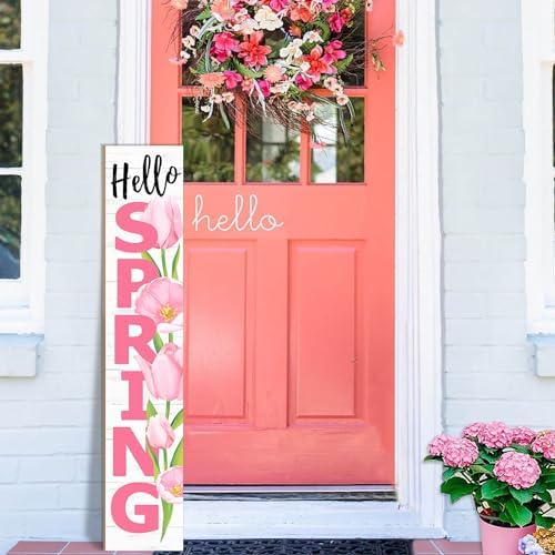 Hello Spring Porch Sign Tulip Wooden Welcome Sign Vertical Spring Hanging Signs For Standing Front Porch Decor Rustic Wall Decor Home Farmhouse Yard Door Spring Decorations 47.2"H by ANTPFAE