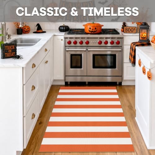 IOHOUZE Fall Striped Outdoor Rug 3x5, Washable Porch, Orange White - Image 3