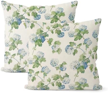 Blue Green Floral Pillow Covers 16x16 Inch 2 Pcs Vintage Flower Decor Throw Pillows Hydrangea Seasonal Spring Summer Outdoor Farmhouse Decoration Pillowcase Linen Cushion Cover for Couch Sofa Bed by DAFENA