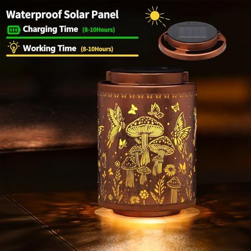 Solar Lanterns Outdoor Waterproof Mushroom Butterfly Garden Decor Gifts for Women Mon Grandma Metal Hanging Solar Lights Decoration for Outside LED Lanterns for Yard Patio Lawn - Image 2