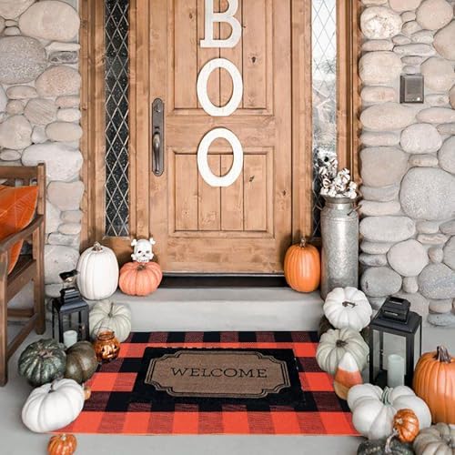 Buffalo Plaid Outdoor Rugs, 2'x4'3'' Orange and Black Checkered Indoor/Outdoor Area Rug, Layering Rug for Hello/Welcome Door Mat, Washable Cotton Woven Farmhouse Mat for Fall Front Porch Décor - Image 3