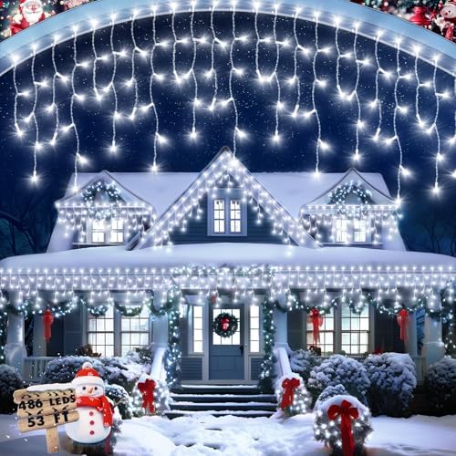 Christmas Lights Outdoor, 53 FT 486 LED Christmas Light for Outside, Timer & Memory, Plug in 8 Modes Hanging Fairy Light with 108 Drops for House Eaves Yard Patio Holidays Decorations, Cool White by JIXXULVU