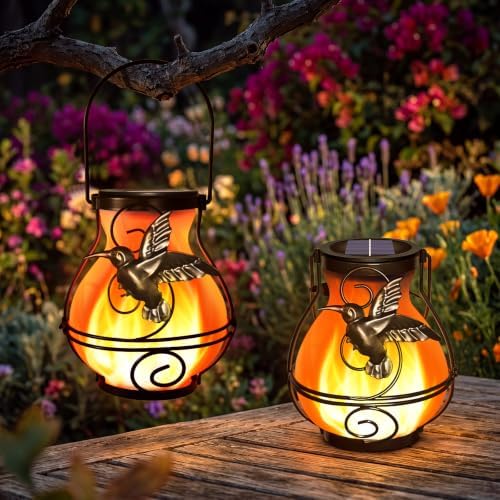 2 Pack Solar Lanterns Outdoor Waterproof , Metal Hummingbird Flickering Flame Solar Lights, Hanging Decorative Lantern for Patio Garden Porch, Gifts for Women, Mom by Unknown