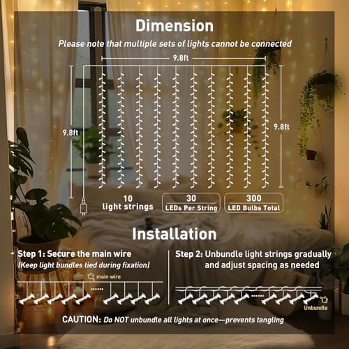 JMEXSUSS 300 LED Remote Control Curtain Lights, Plug in Fairy Curtain Lights Outdoor, Window Wall Hanging String Lights for Bedroom Indoor Dorm Backdrop Wedding Party Patio Christmas Decor, Warm White - Image 6